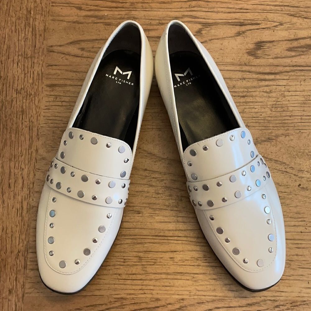 MARC FISHER WHITE STUDDED FLATS.  NEW